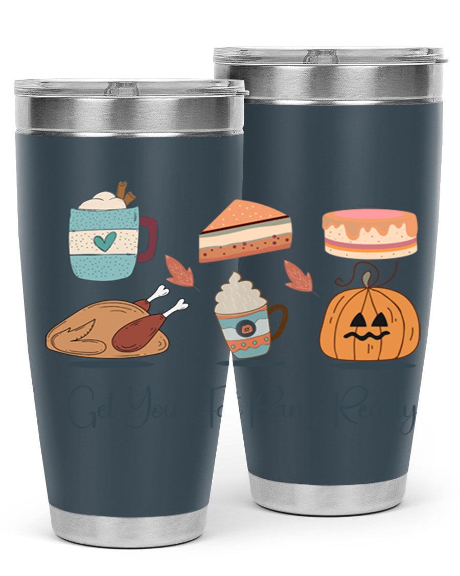Get Your Fat Pants Ready 193# 20oz Tumbler in stainless steel with a vibrant print, showcasing its double wall vacuum design and drink-thru lid.