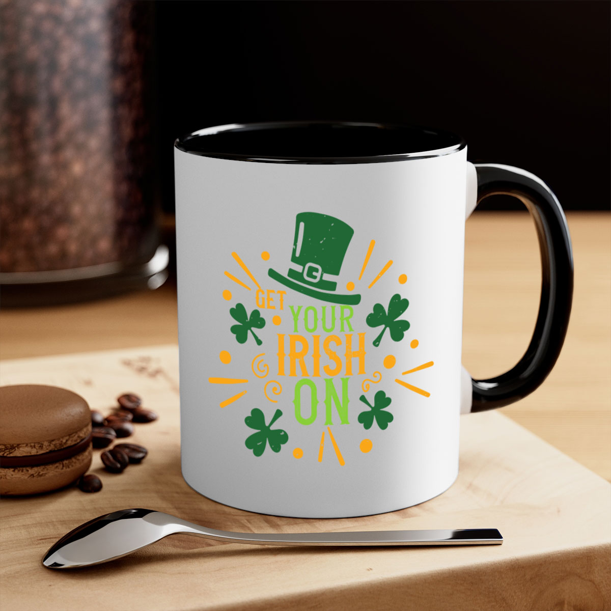 Get Your Irish On Style 135# Mug featuring a two-tone design with a colored handle and glossy finish, perfect for St. Patrick's Day.