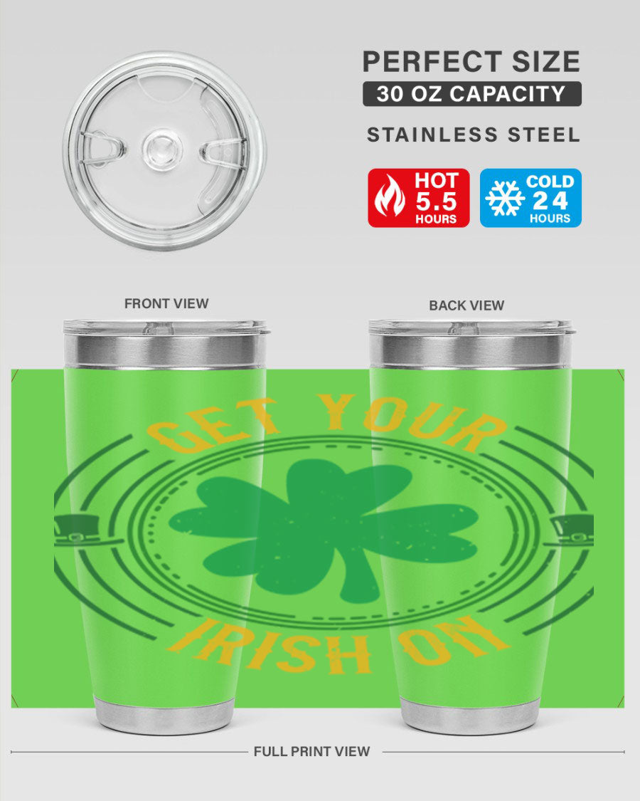 20oz stainless steel tumbler with St. Patrick's Day design, featuring a drink-thru lid and double wall vacuum insulation.