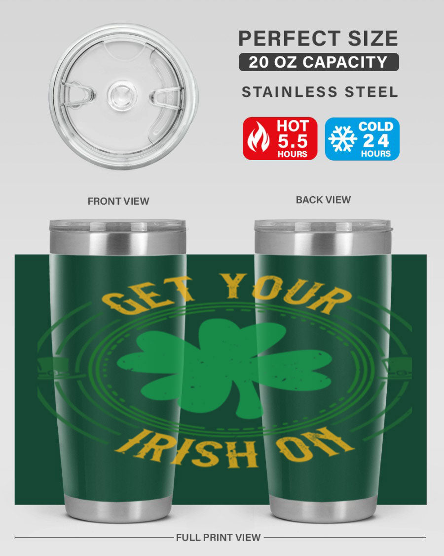 20oz stainless steel tumbler with St. Patrick's Day design, featuring a drink-thru lid and double wall vacuum insulation.