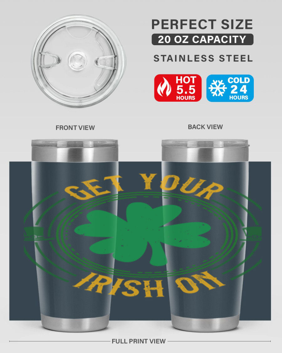 20oz stainless steel tumbler with St. Patrick's Day design, featuring a drink-thru lid and double wall vacuum insulation.
