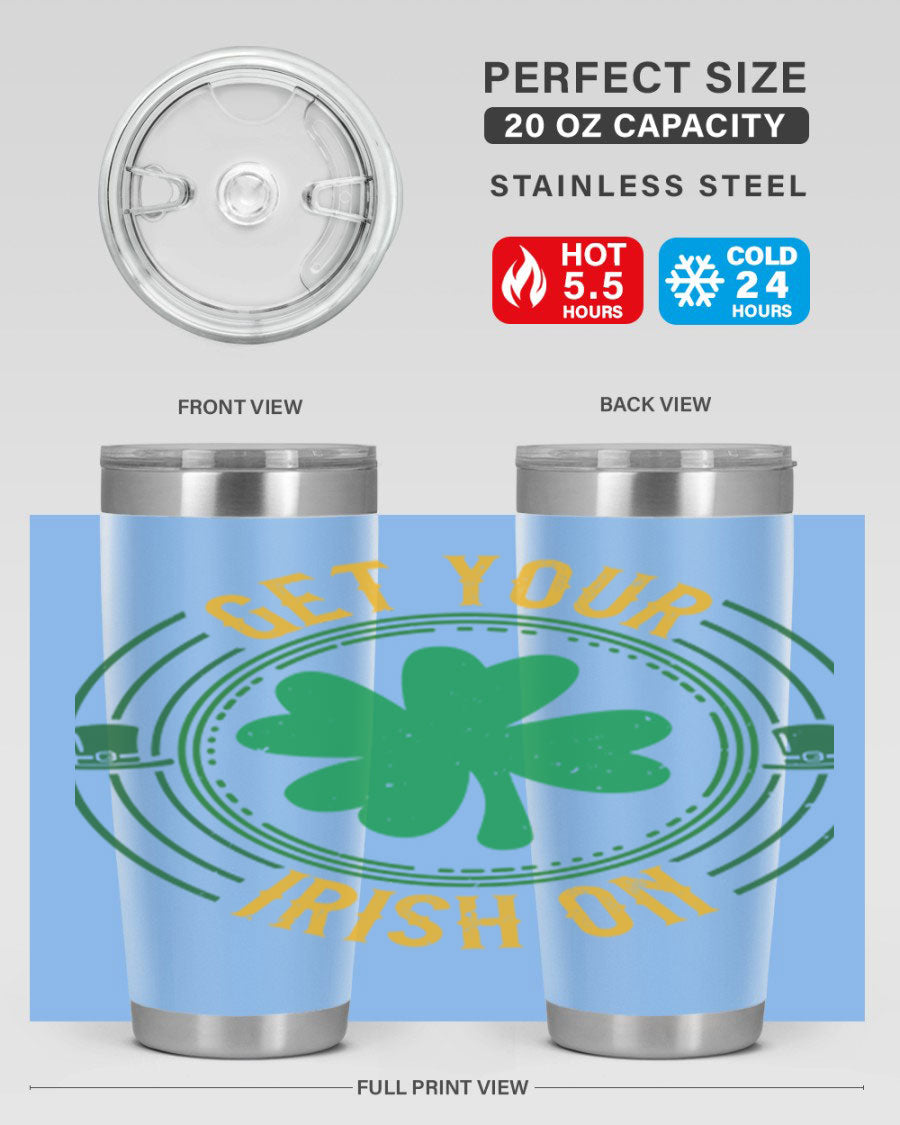20oz stainless steel tumbler with St. Patrick's Day design, featuring a drink-thru lid and double wall vacuum insulation.