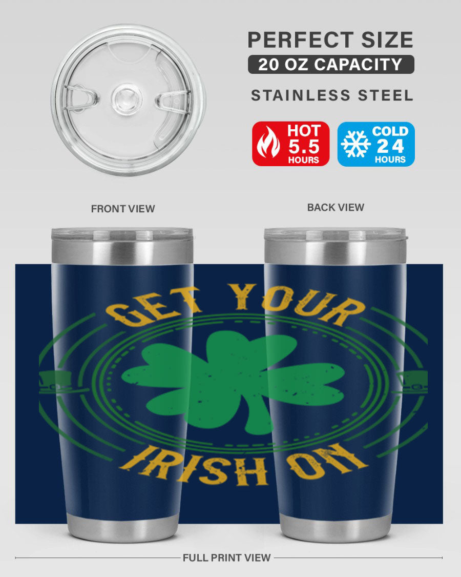 20oz stainless steel tumbler with St. Patrick's Day design, featuring a drink-thru lid and double wall vacuum insulation.