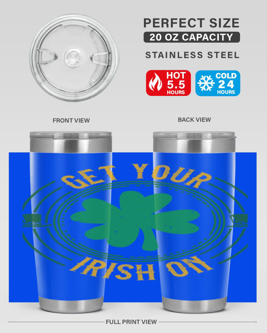 20oz stainless steel tumbler with St. Patrick's Day design, featuring a drink-thru lid and double wall vacuum insulation.