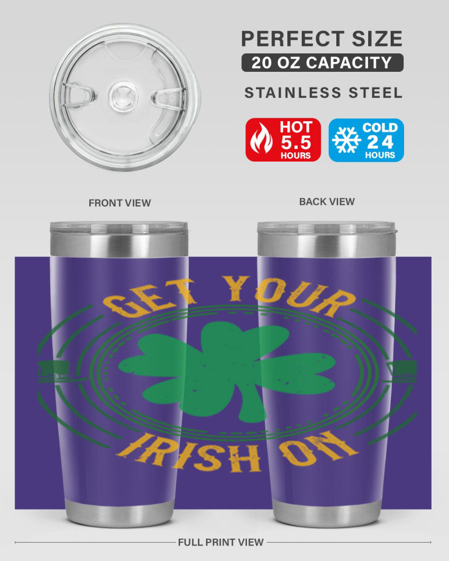 20oz stainless steel tumbler with St. Patrick's Day design, featuring a drink-thru lid and double wall vacuum insulation.