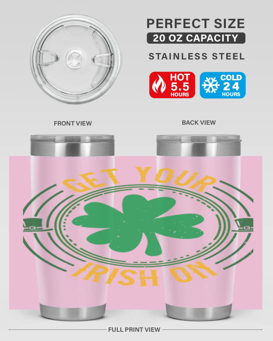 20oz stainless steel tumbler with St. Patrick's Day design, featuring a drink-thru lid and double wall vacuum insulation.