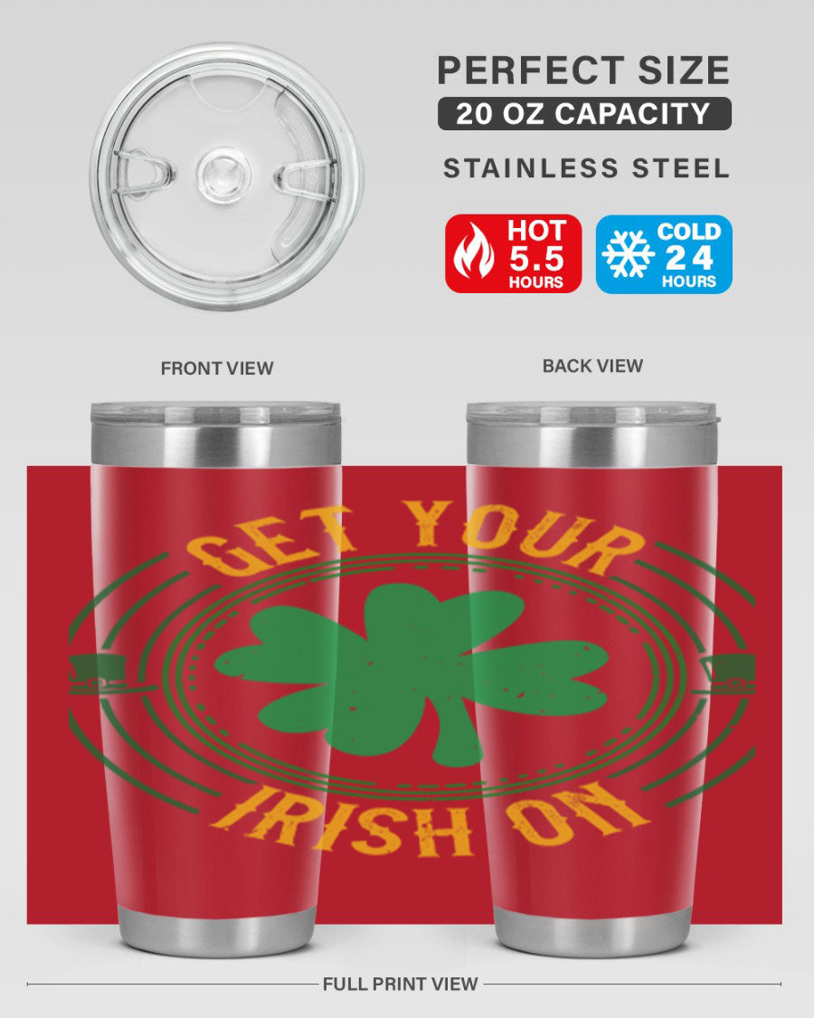 20oz stainless steel tumbler with St. Patrick's Day design, featuring a drink-thru lid and double wall vacuum insulation.