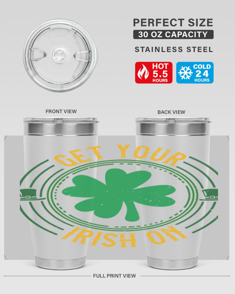 20oz stainless steel tumbler with St. Patrick's Day design, featuring a drink-thru lid and double wall vacuum insulation.