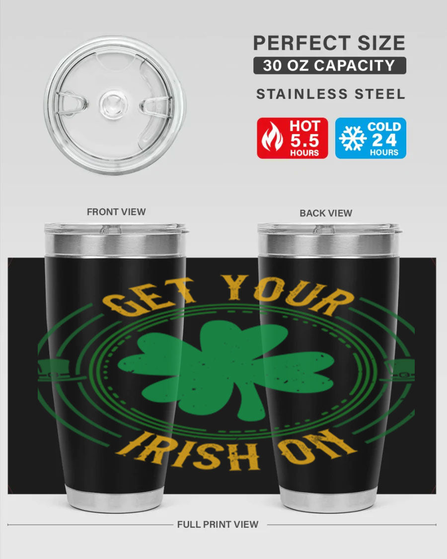 20oz stainless steel tumbler with St. Patrick's Day design, featuring a drink-thru lid and double wall vacuum insulation.