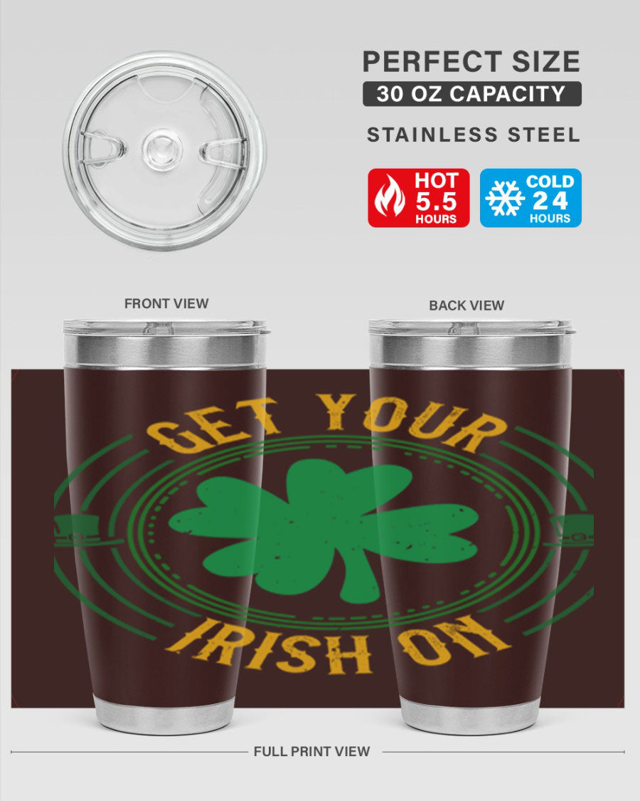 20oz stainless steel tumbler with St. Patrick's Day design, featuring a drink-thru lid and double wall vacuum insulation.