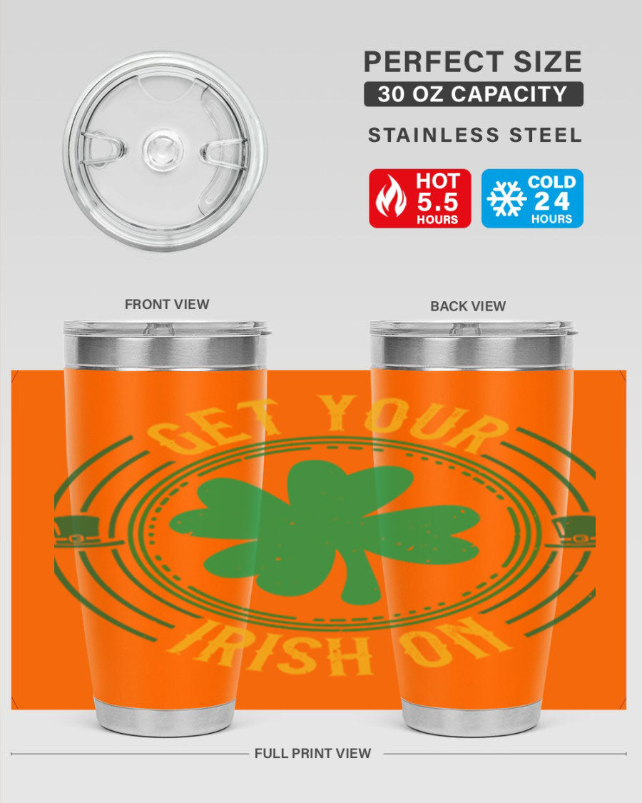 20oz stainless steel tumbler with St. Patrick's Day design, featuring a drink-thru lid and double wall vacuum insulation.