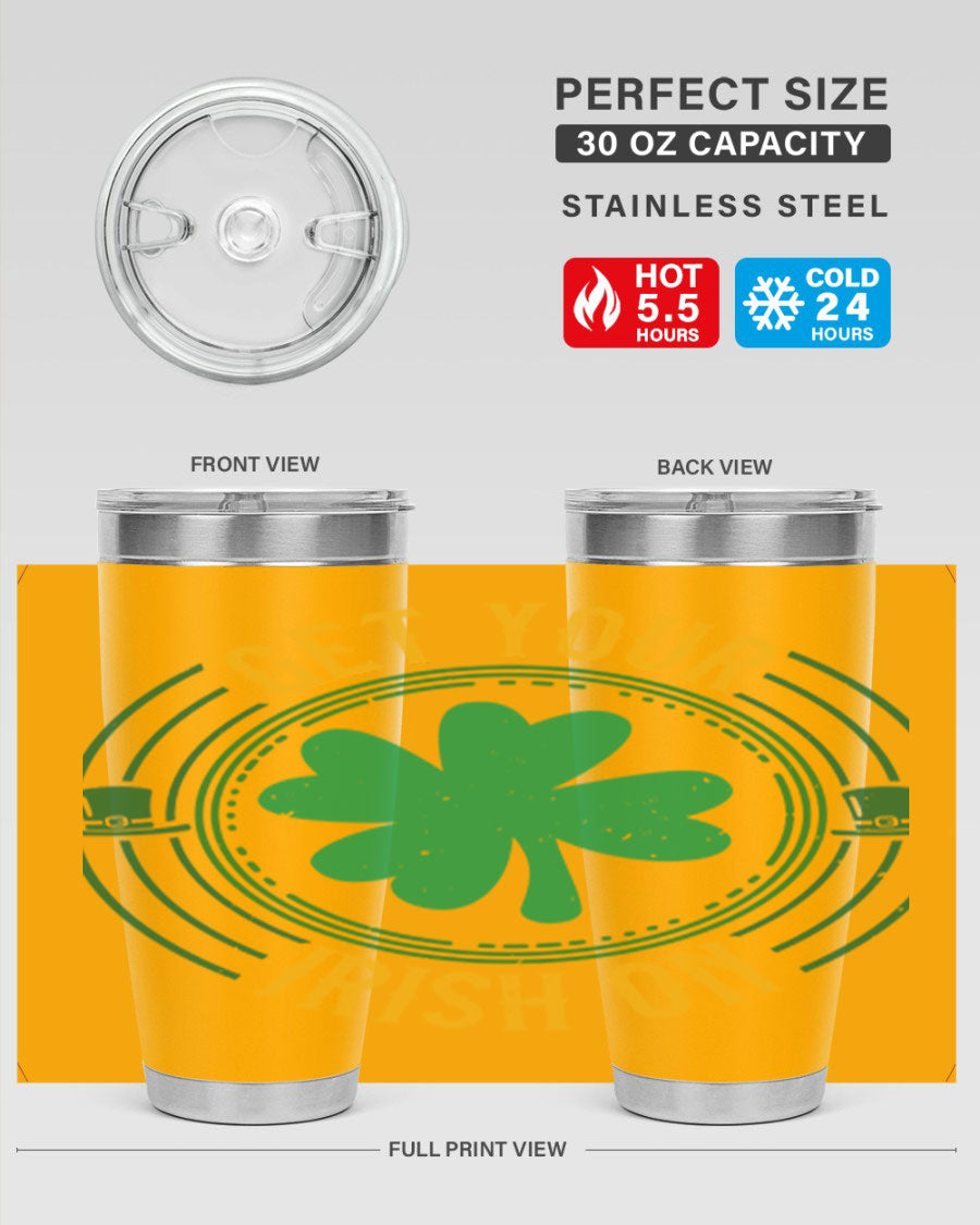 20oz stainless steel tumbler with St. Patrick's Day design, featuring a drink-thru lid and double wall vacuum insulation.