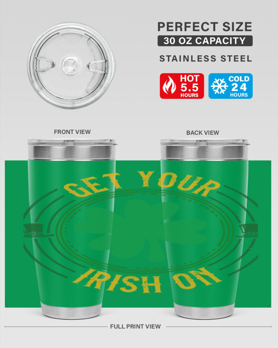 20oz stainless steel tumbler with St. Patrick's Day design, featuring a drink-thru lid and double wall vacuum insulation.