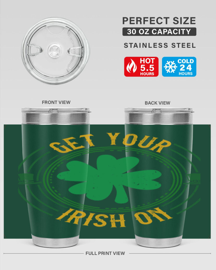 20oz stainless steel tumbler with St. Patrick's Day design, featuring a drink-thru lid and double wall vacuum insulation.