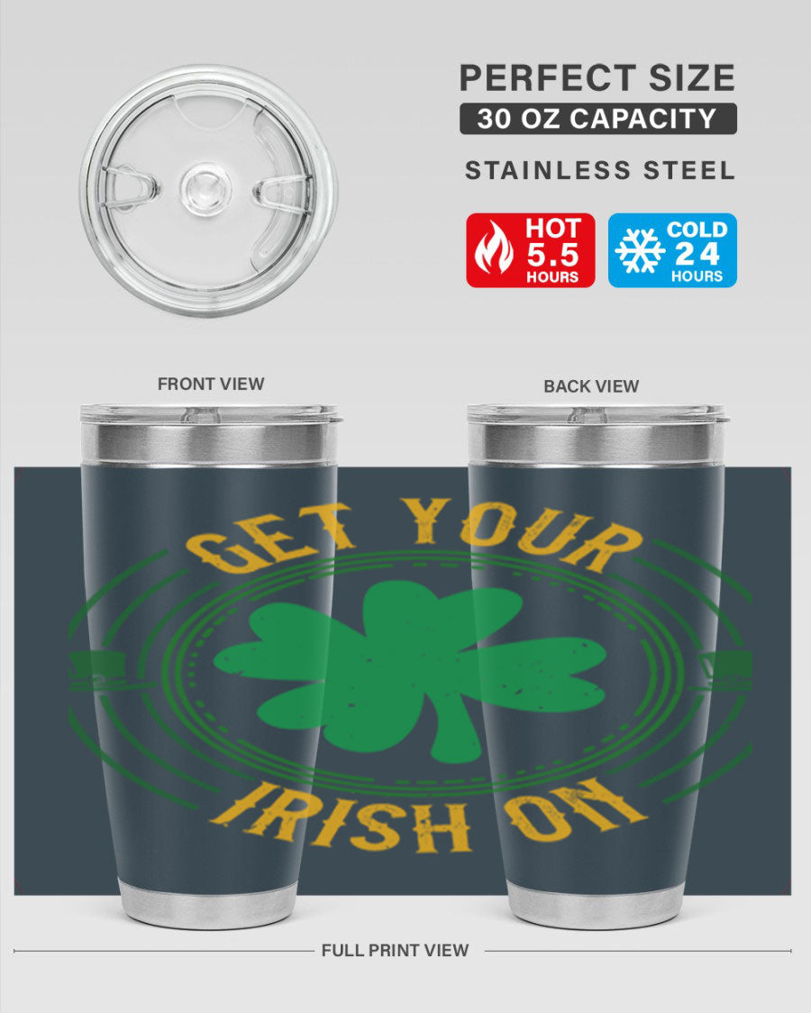 20oz stainless steel tumbler with St. Patrick's Day design, featuring a drink-thru lid and double wall vacuum insulation.