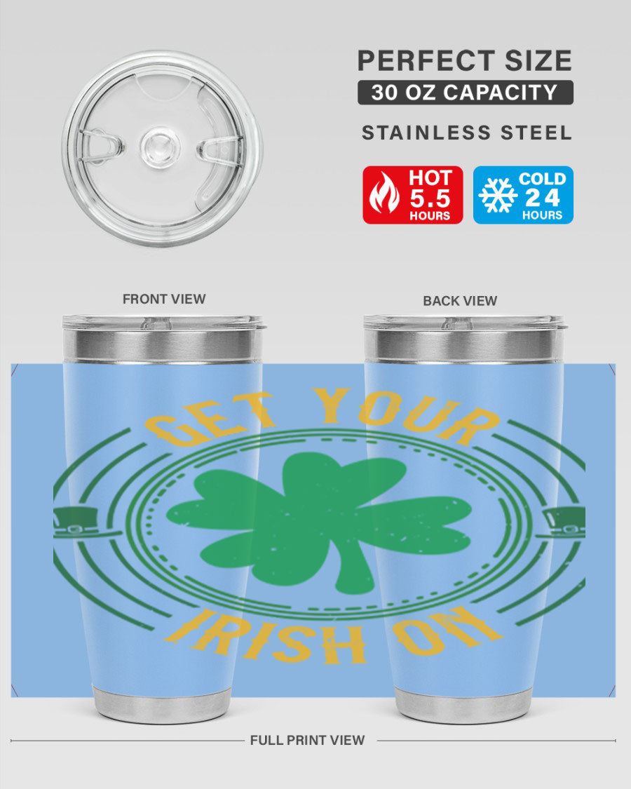 20oz stainless steel tumbler with St. Patrick's Day design, featuring a drink-thru lid and double wall vacuum insulation.