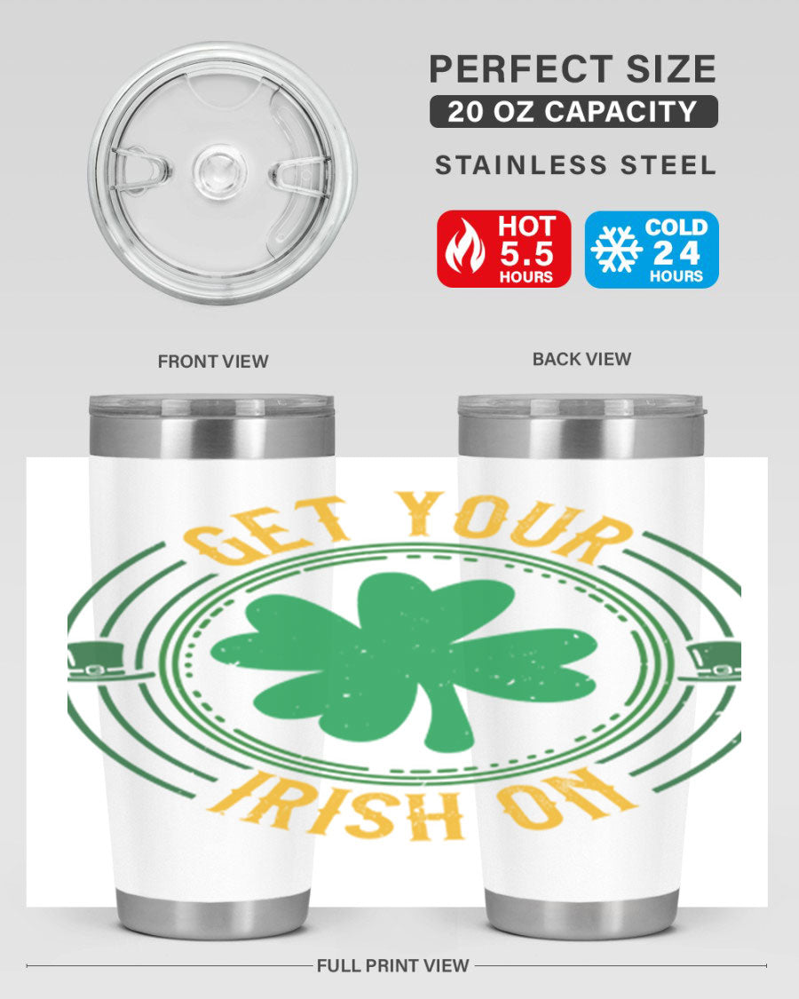 20oz stainless steel tumbler with St. Patrick's Day design, featuring a drink-thru lid and double wall vacuum insulation.