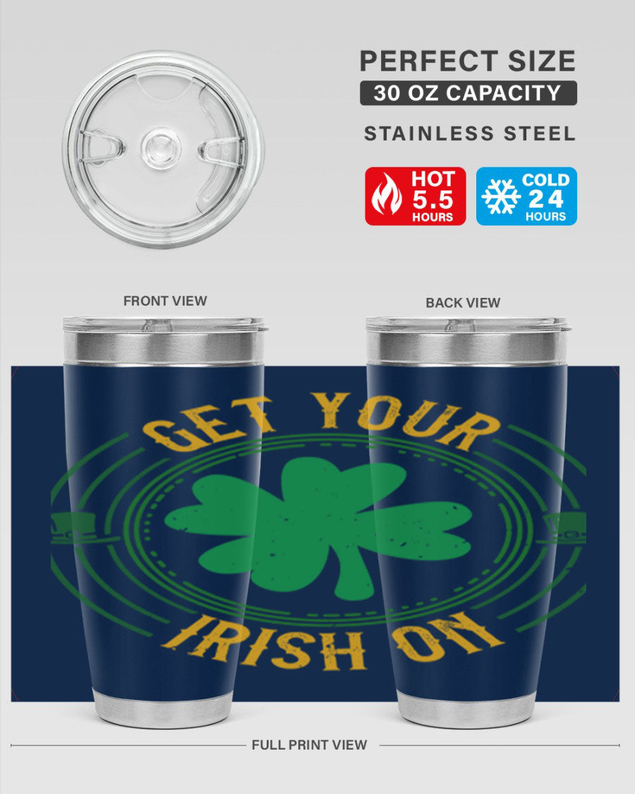 20oz stainless steel tumbler with St. Patrick's Day design, featuring a drink-thru lid and double wall vacuum insulation.