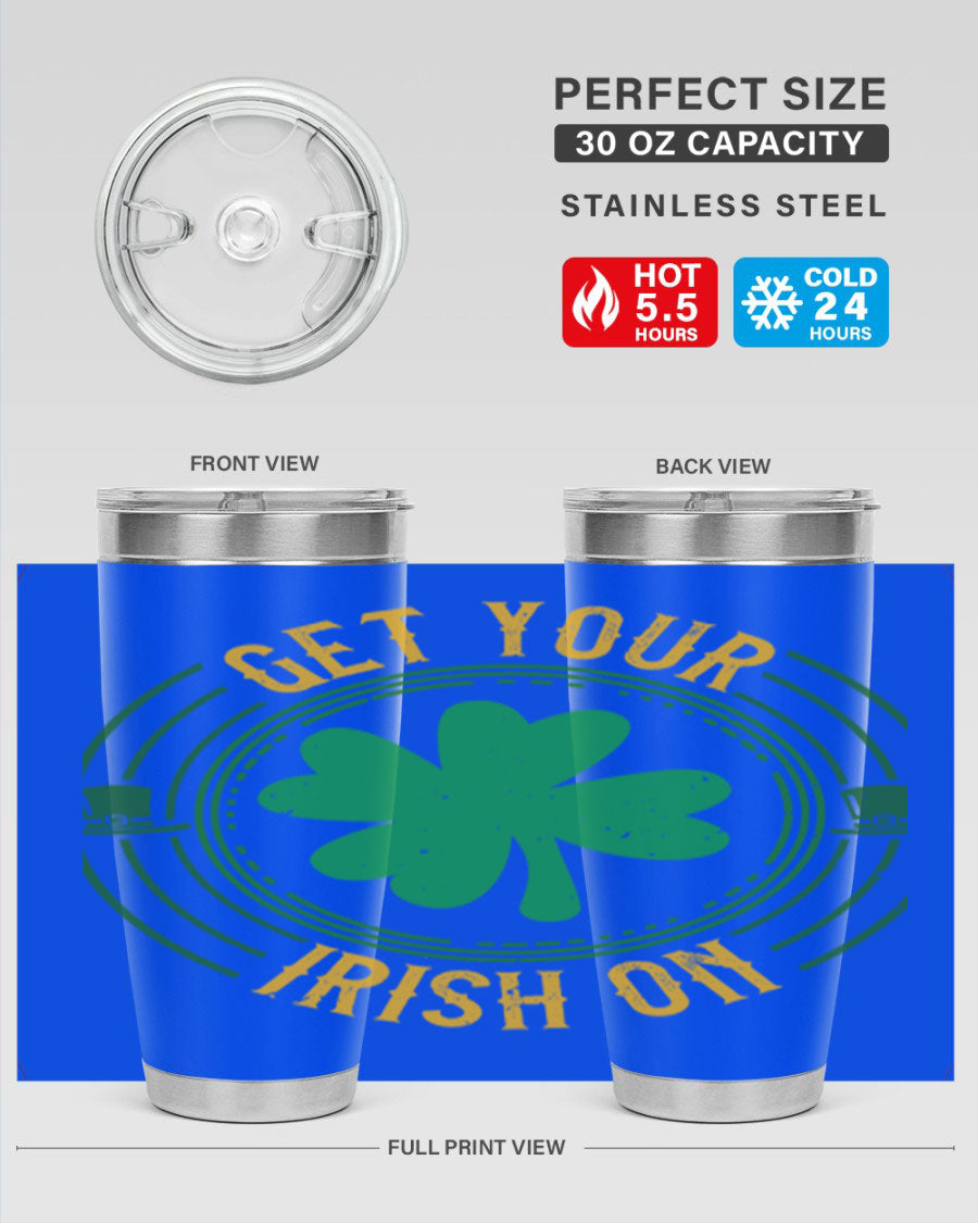 20oz stainless steel tumbler with St. Patrick's Day design, featuring a drink-thru lid and double wall vacuum insulation.