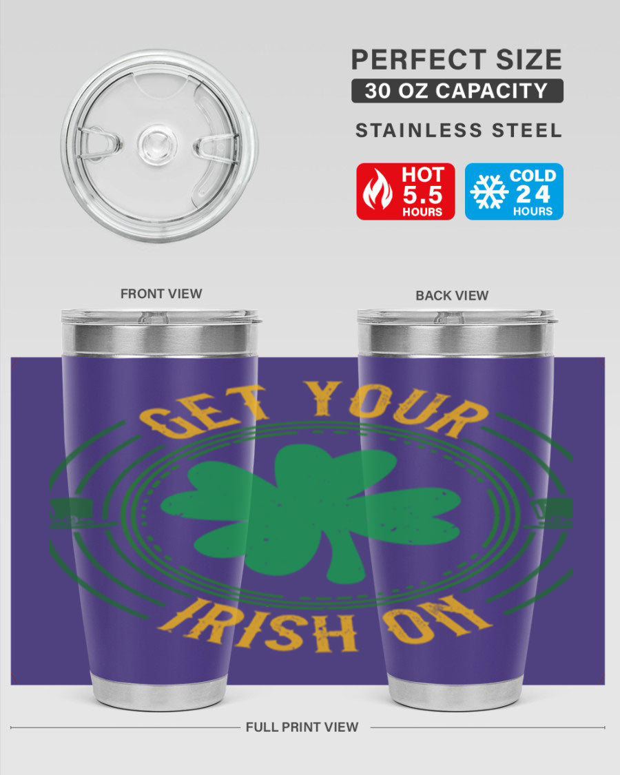 20oz stainless steel tumbler with St. Patrick's Day design, featuring a drink-thru lid and double wall vacuum insulation.