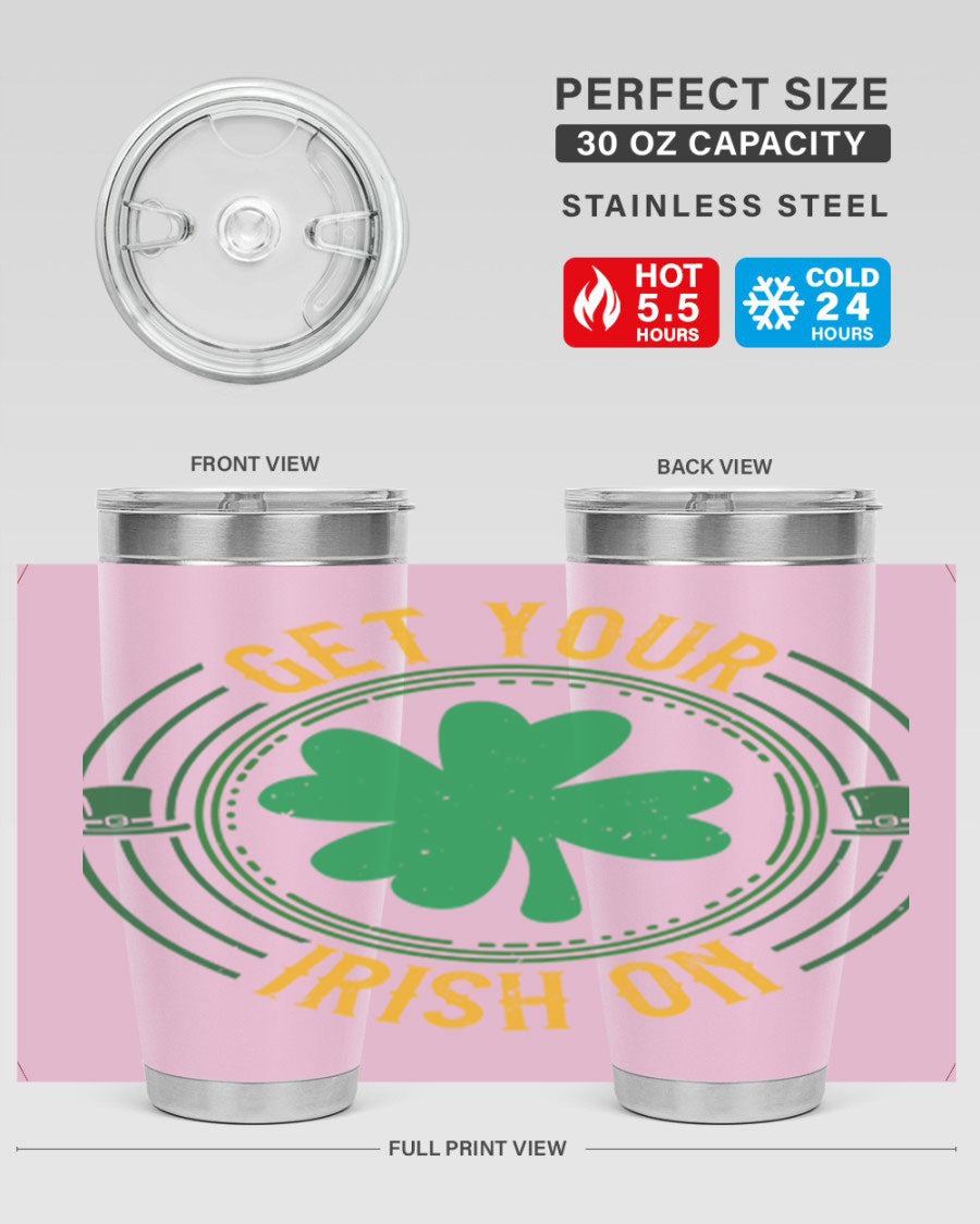 20oz stainless steel tumbler with St. Patrick's Day design, featuring a drink-thru lid and double wall vacuum insulation.