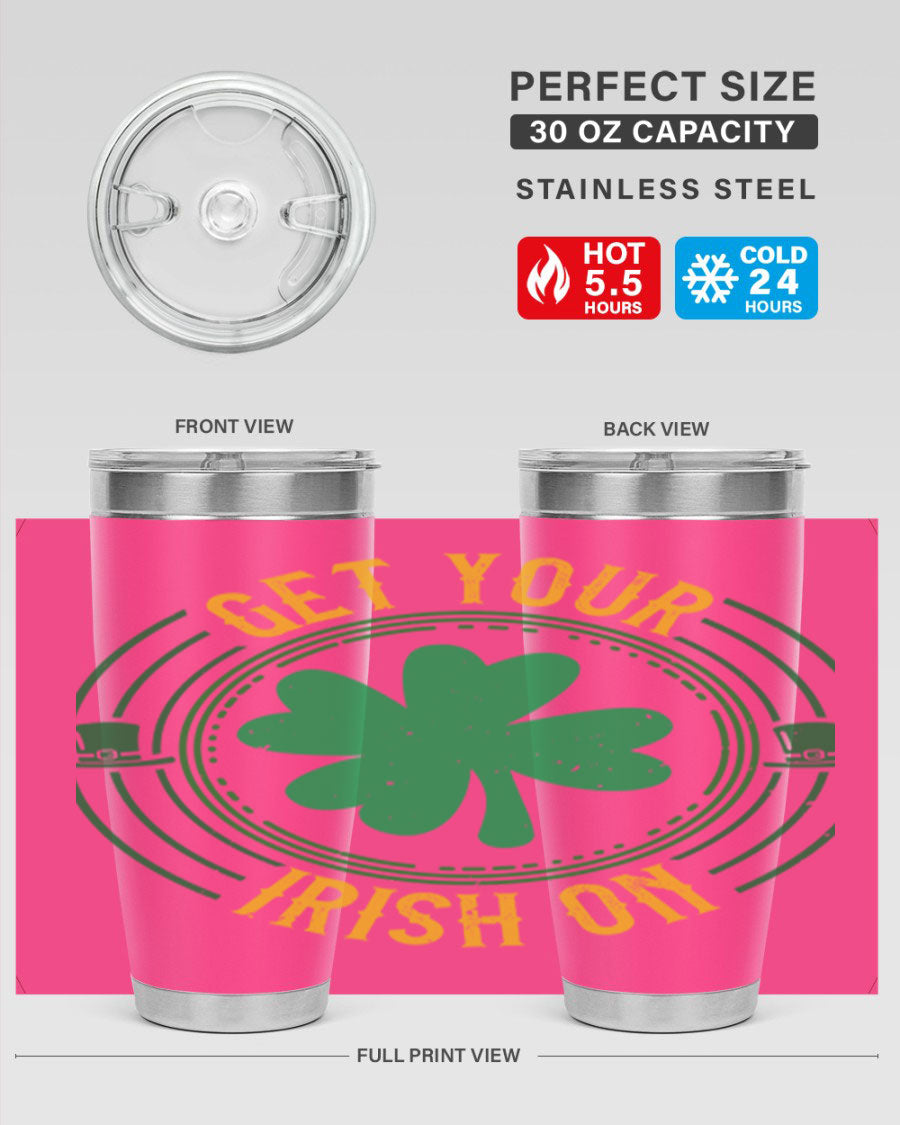 20oz stainless steel tumbler with St. Patrick's Day design, featuring a drink-thru lid and double wall vacuum insulation.