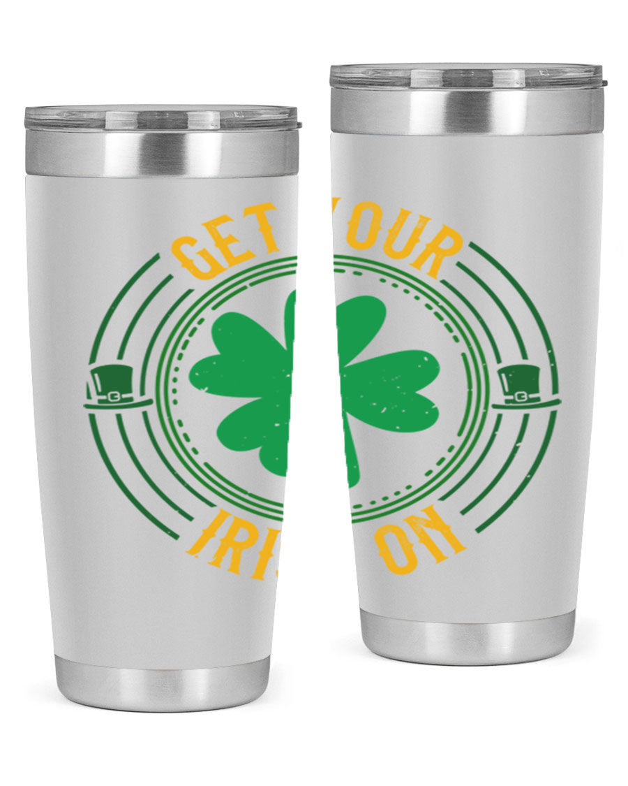 20oz stainless steel tumbler with St. Patrick's Day design, featuring a drink-thru lid and double wall vacuum insulation.