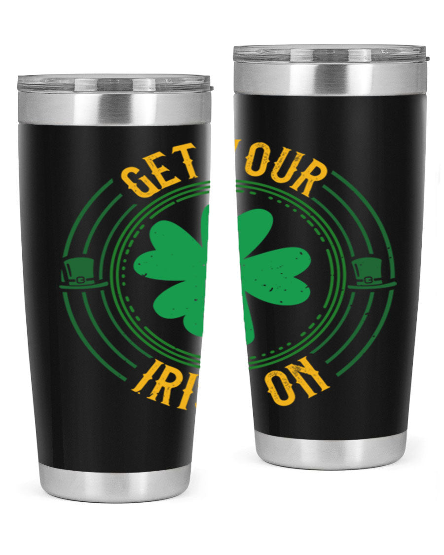 20oz stainless steel tumbler with St. Patrick's Day design, featuring a drink-thru lid and double wall vacuum insulation.