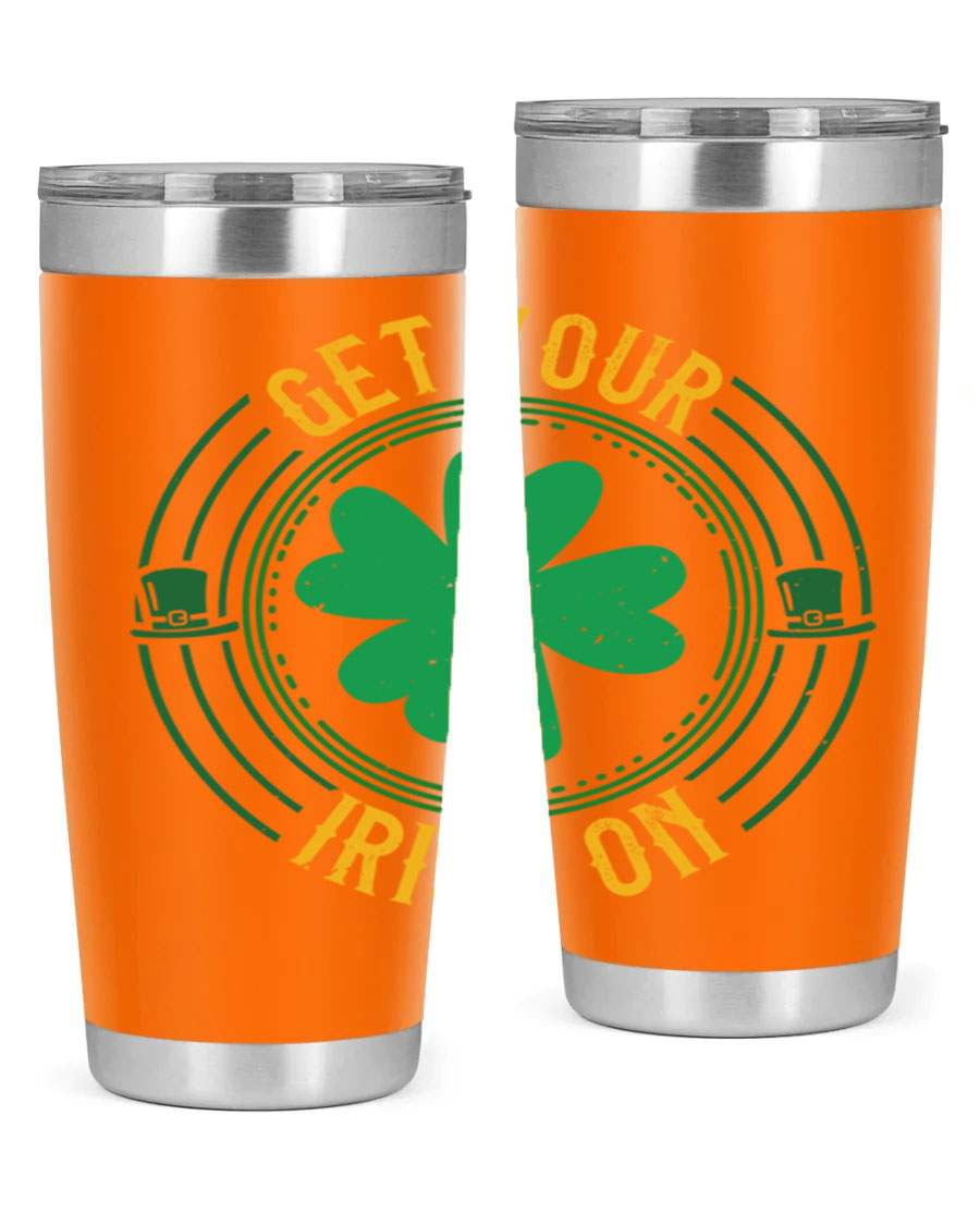 20oz stainless steel tumbler with St. Patrick's Day design, featuring a drink-thru lid and double wall vacuum insulation.