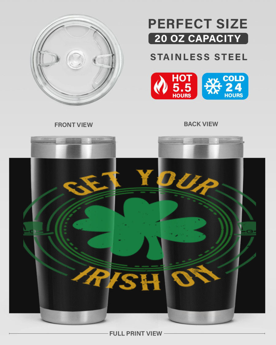 20oz stainless steel tumbler with St. Patrick's Day design, featuring a drink-thru lid and double wall vacuum insulation.