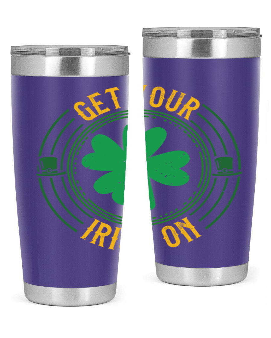 20oz stainless steel tumbler with St. Patrick's Day design, featuring a drink-thru lid and double wall vacuum insulation.