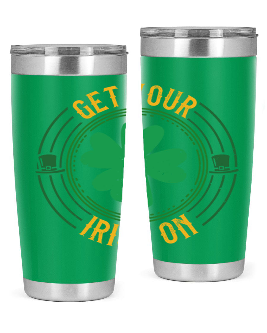 20oz stainless steel tumbler with St. Patrick's Day design, featuring a drink-thru lid and double wall vacuum insulation.