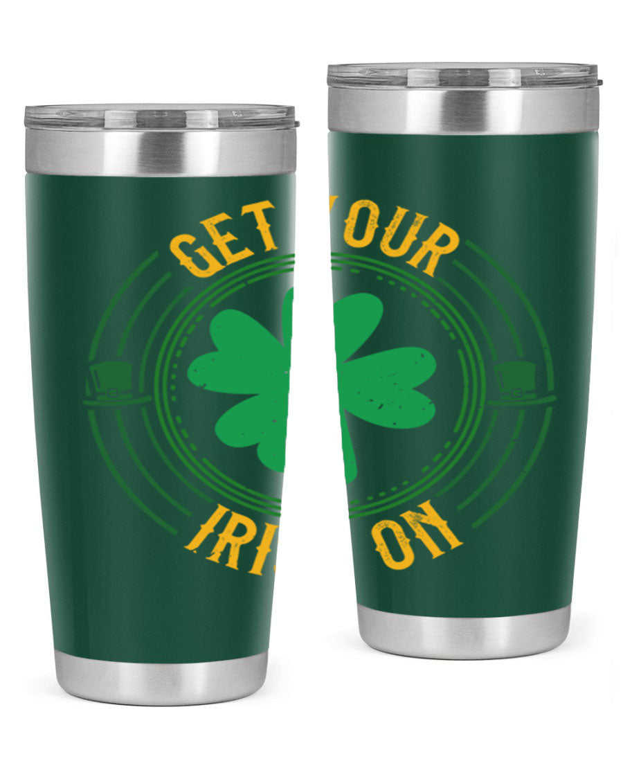 20oz stainless steel tumbler with St. Patrick's Day design, featuring a drink-thru lid and double wall vacuum insulation.