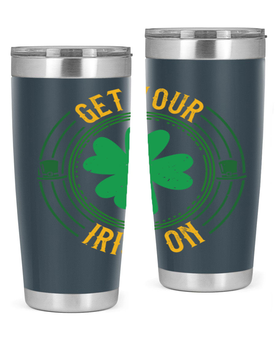 20oz stainless steel tumbler with St. Patrick's Day design, featuring a drink-thru lid and double wall vacuum insulation.