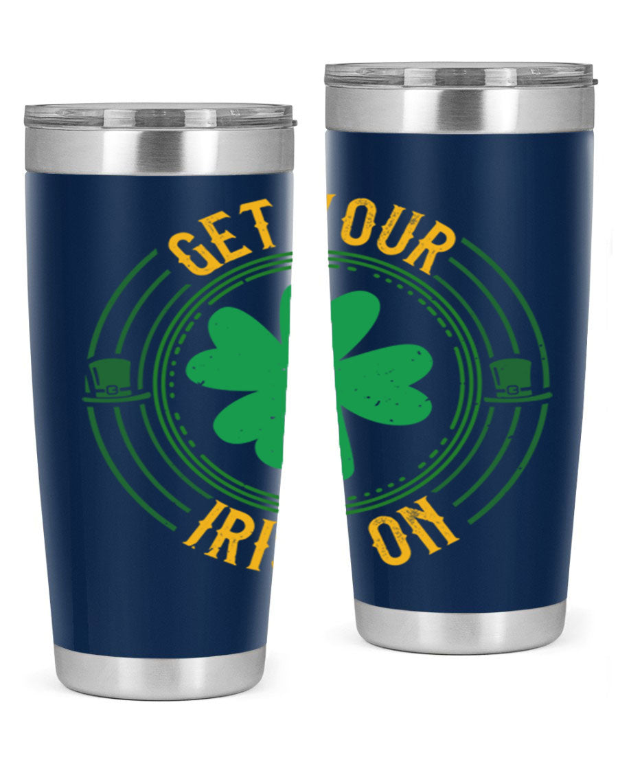 20oz stainless steel tumbler with St. Patrick's Day design, featuring a drink-thru lid and double wall vacuum insulation.