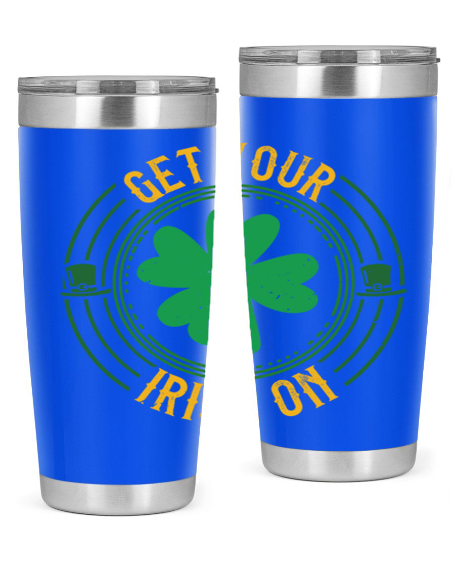 20oz stainless steel tumbler with St. Patrick's Day design, featuring a drink-thru lid and double wall vacuum insulation.