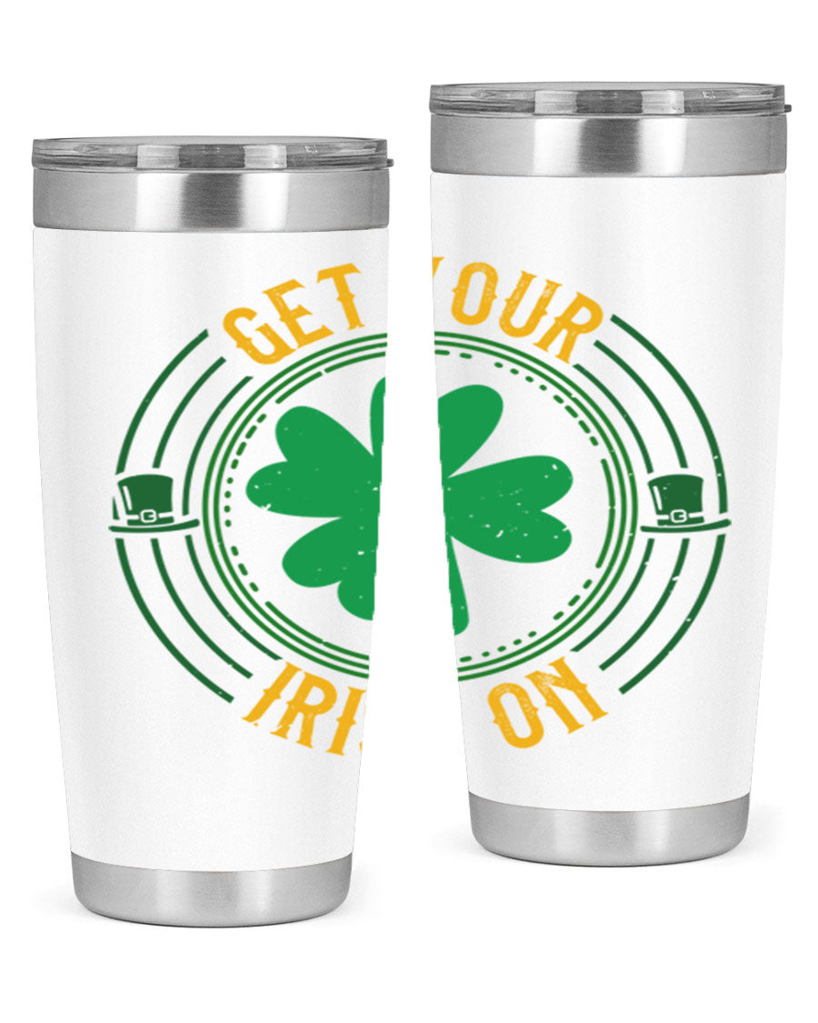 20oz stainless steel tumbler with St. Patrick's Day design, featuring a drink-thru lid and double wall vacuum insulation.