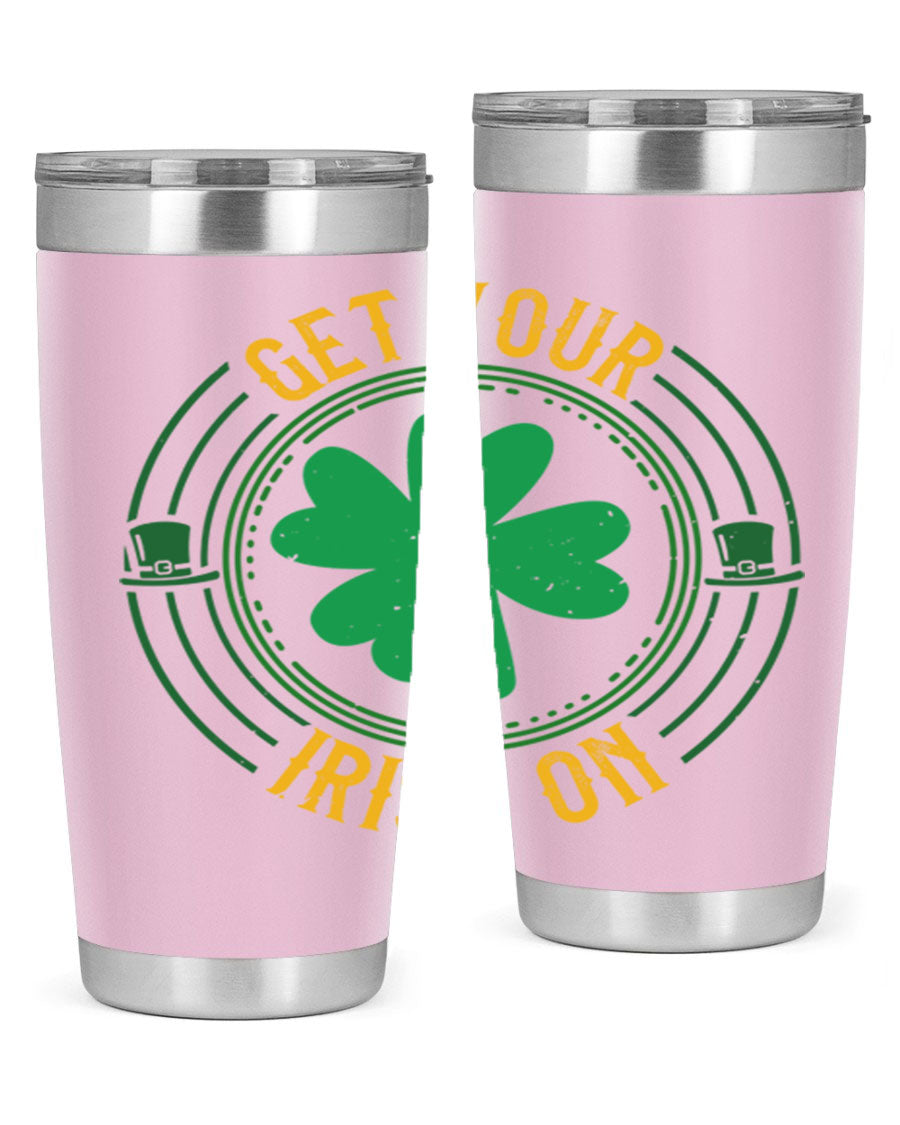 20oz stainless steel tumbler with St. Patrick's Day design, featuring a drink-thru lid and double wall vacuum insulation.