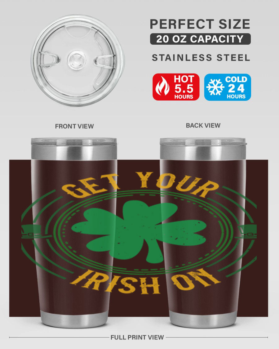 20oz stainless steel tumbler with St. Patrick's Day design, featuring a drink-thru lid and double wall vacuum insulation.