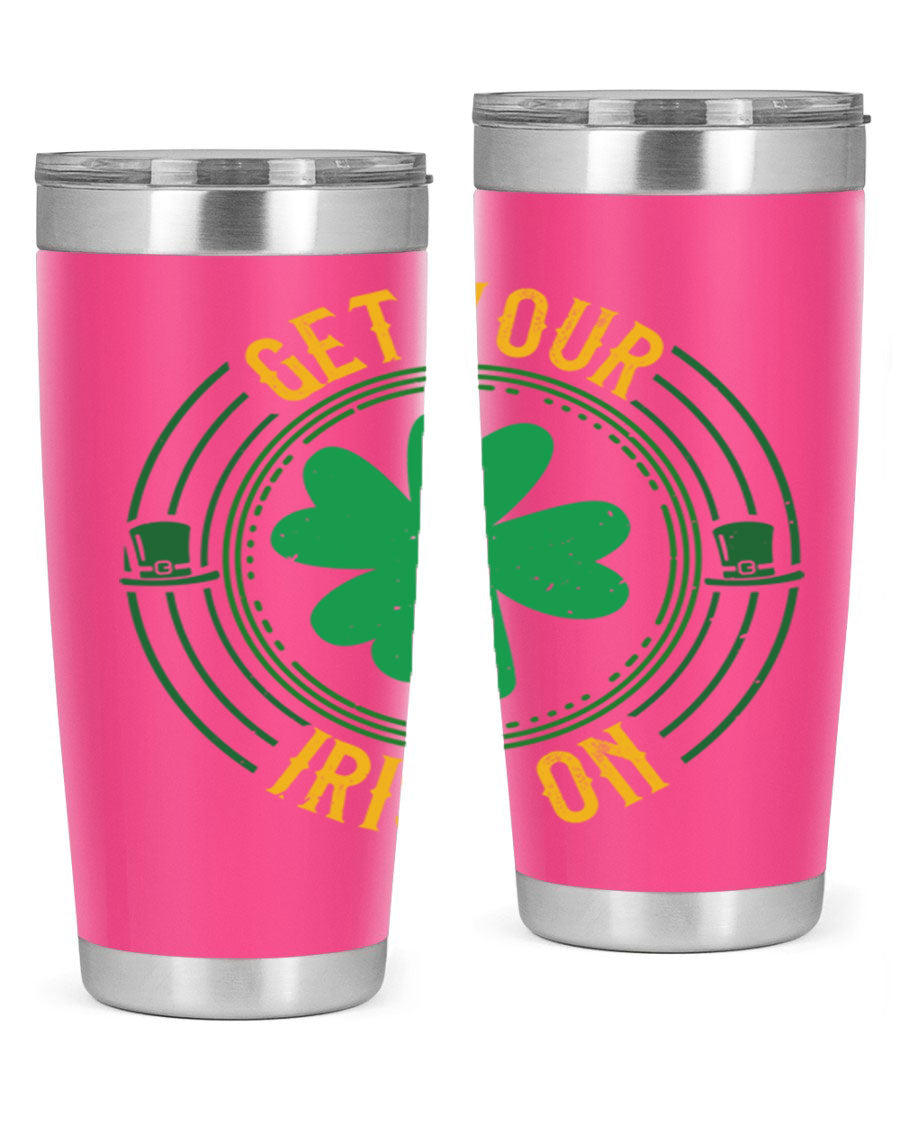 20oz stainless steel tumbler with St. Patrick's Day design, featuring a drink-thru lid and double wall vacuum insulation.