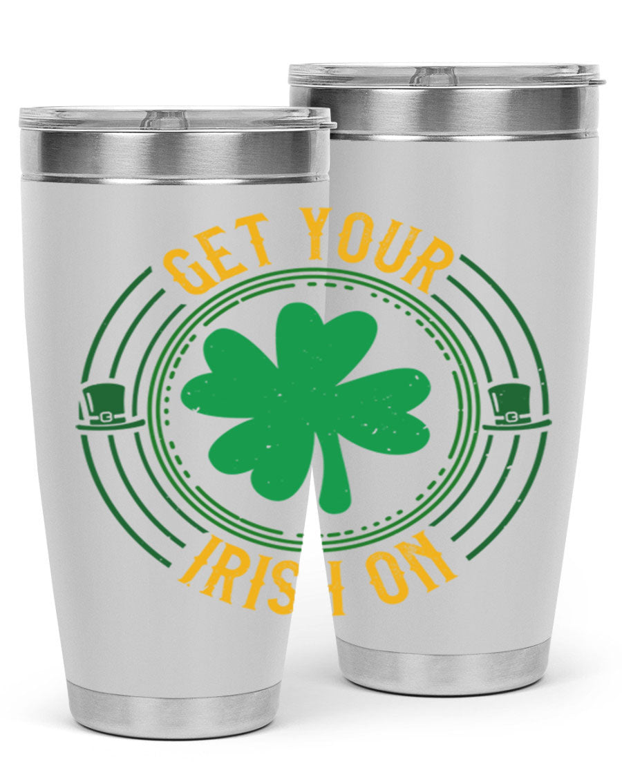 20oz stainless steel tumbler with St. Patrick's Day design, featuring a drink-thru lid and double wall vacuum insulation.