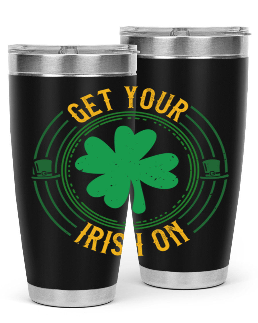 20oz stainless steel tumbler with St. Patrick's Day design, featuring a drink-thru lid and double wall vacuum insulation.