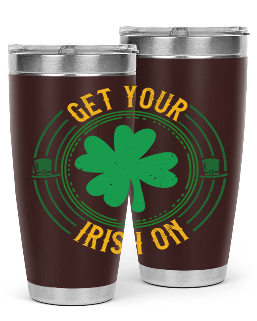 20oz stainless steel tumbler with St. Patrick's Day design, featuring a drink-thru lid and double wall vacuum insulation.