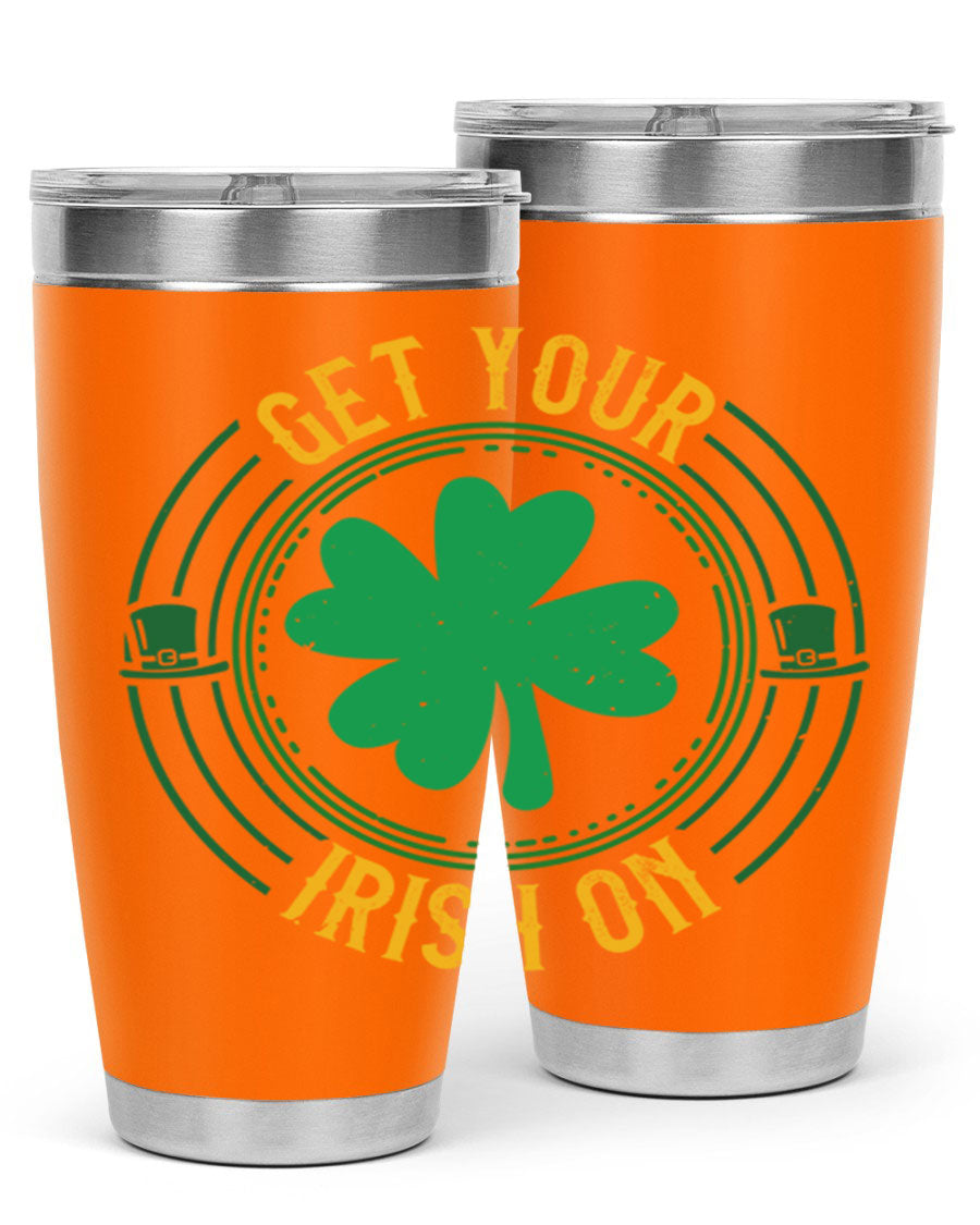 20oz stainless steel tumbler with St. Patrick's Day design, featuring a drink-thru lid and double wall vacuum insulation.