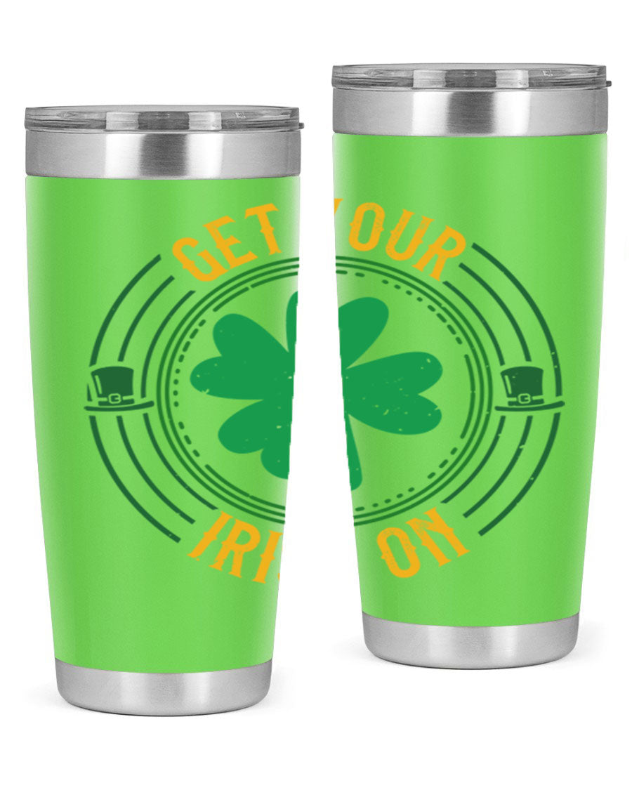 20oz stainless steel tumbler with St. Patrick's Day design, featuring a drink-thru lid and double wall vacuum insulation.