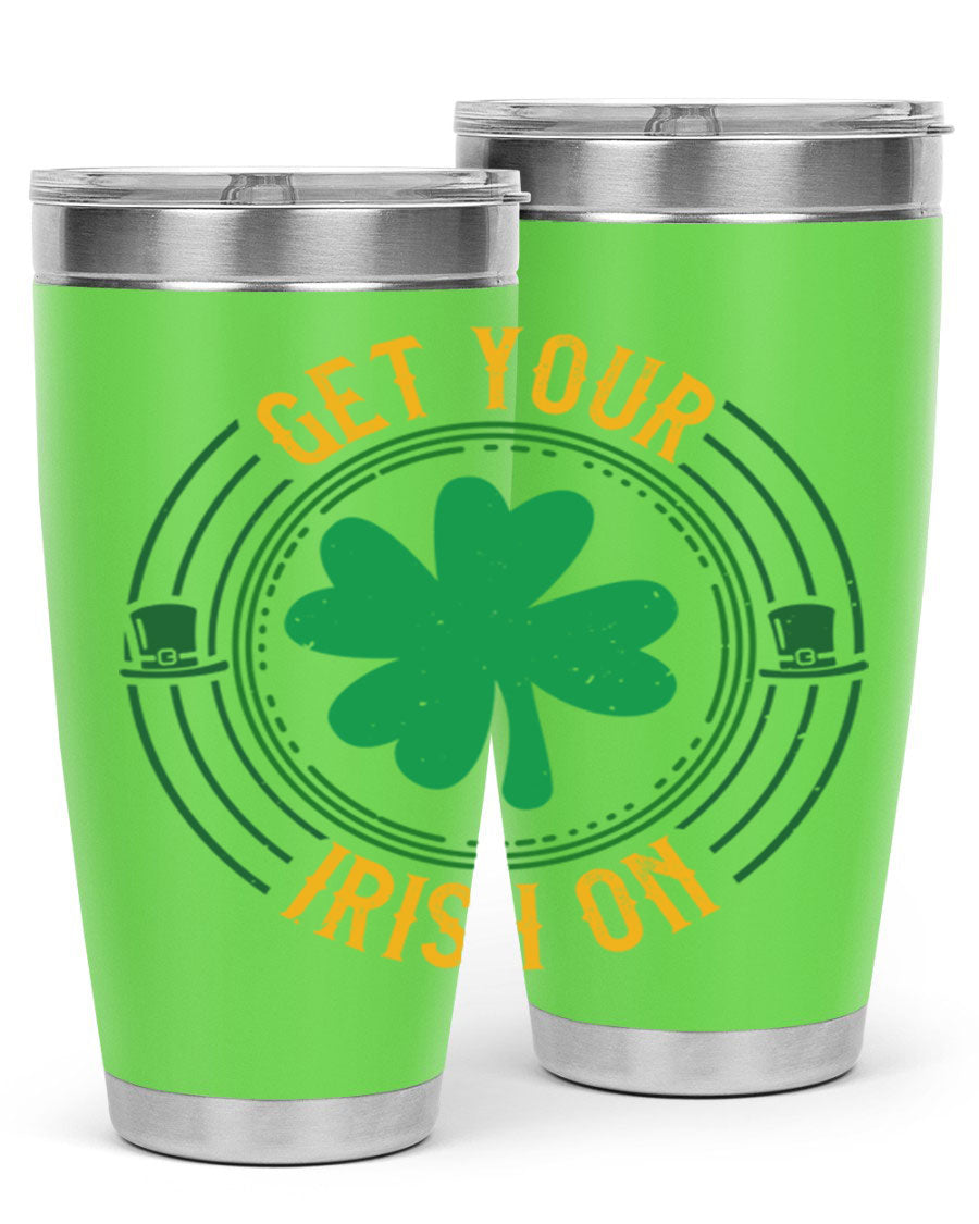20oz stainless steel tumbler with St. Patrick's Day design, featuring a drink-thru lid and double wall vacuum insulation.
