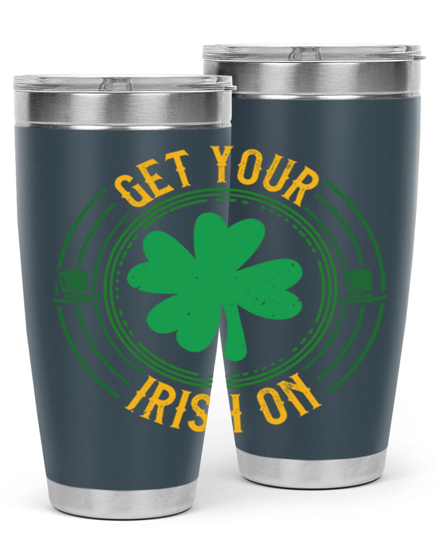 20oz stainless steel tumbler with St. Patrick's Day design, featuring a drink-thru lid and double wall vacuum insulation.