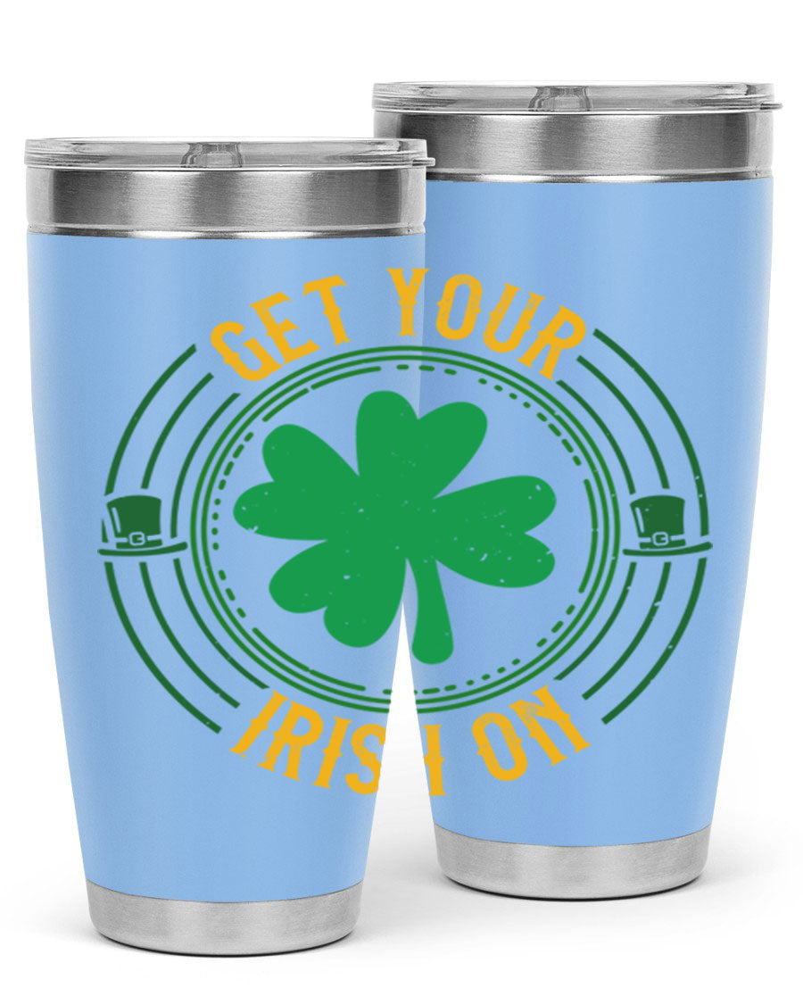 20oz stainless steel tumbler with St. Patrick's Day design, featuring a drink-thru lid and double wall vacuum insulation.