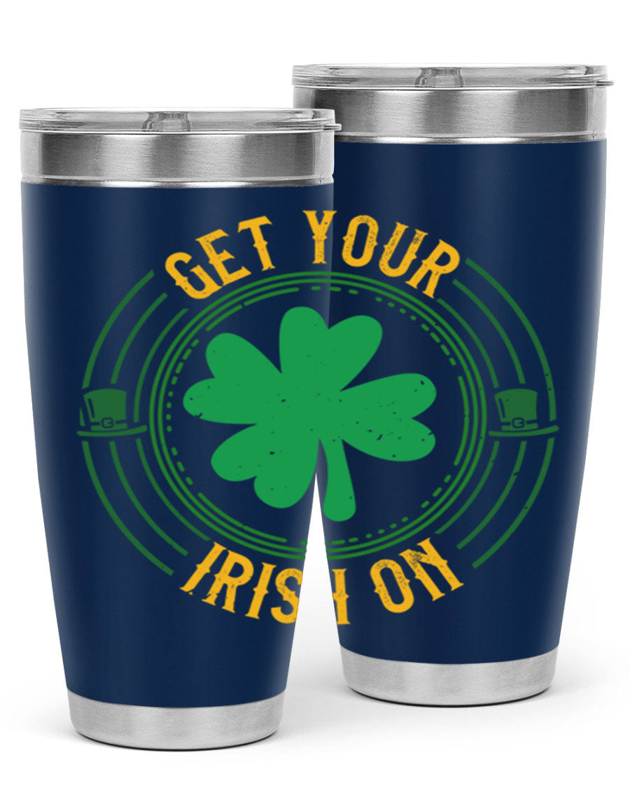 20oz stainless steel tumbler with St. Patrick's Day design, featuring a drink-thru lid and double wall vacuum insulation.