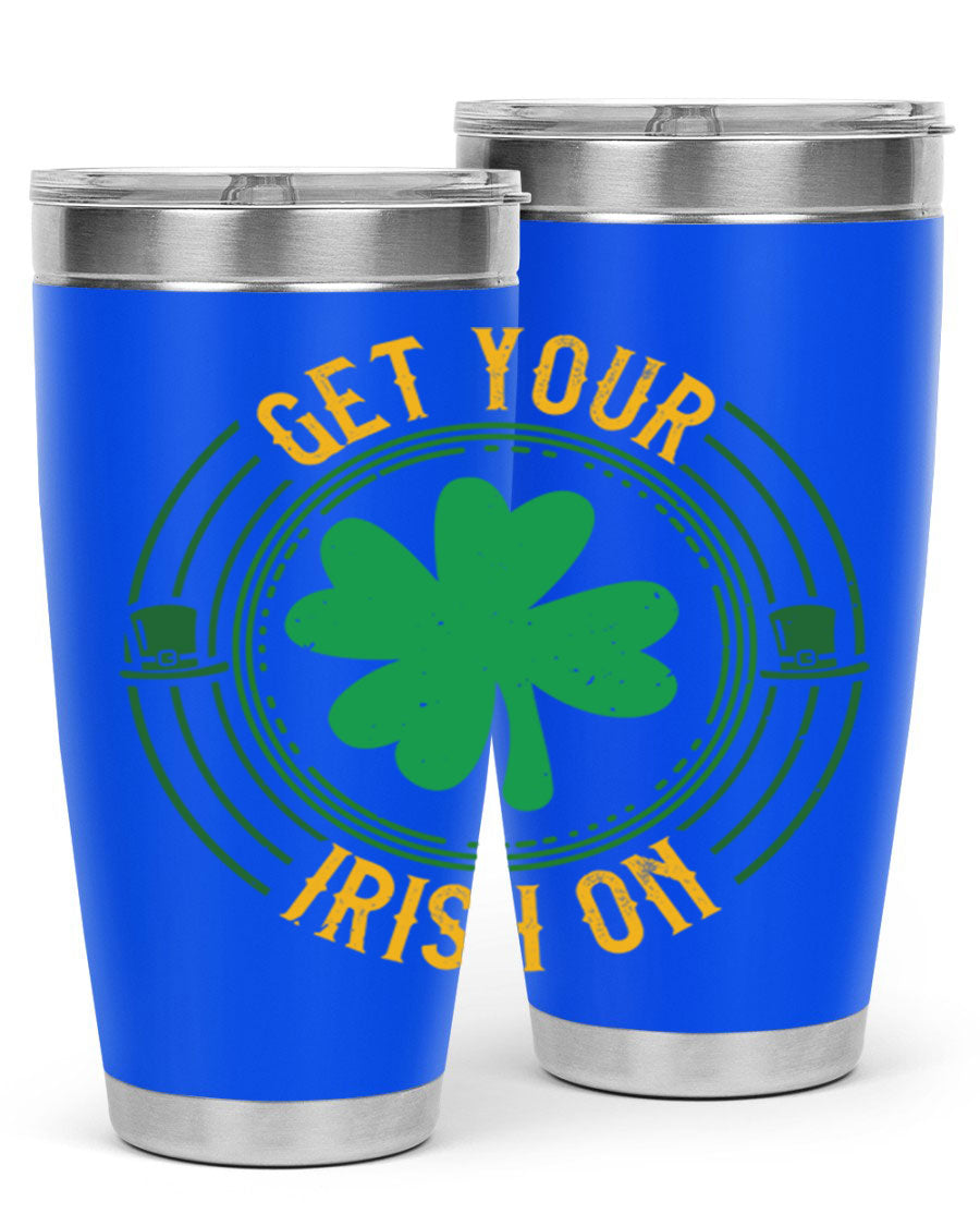20oz stainless steel tumbler with St. Patrick's Day design, featuring a drink-thru lid and double wall vacuum insulation.